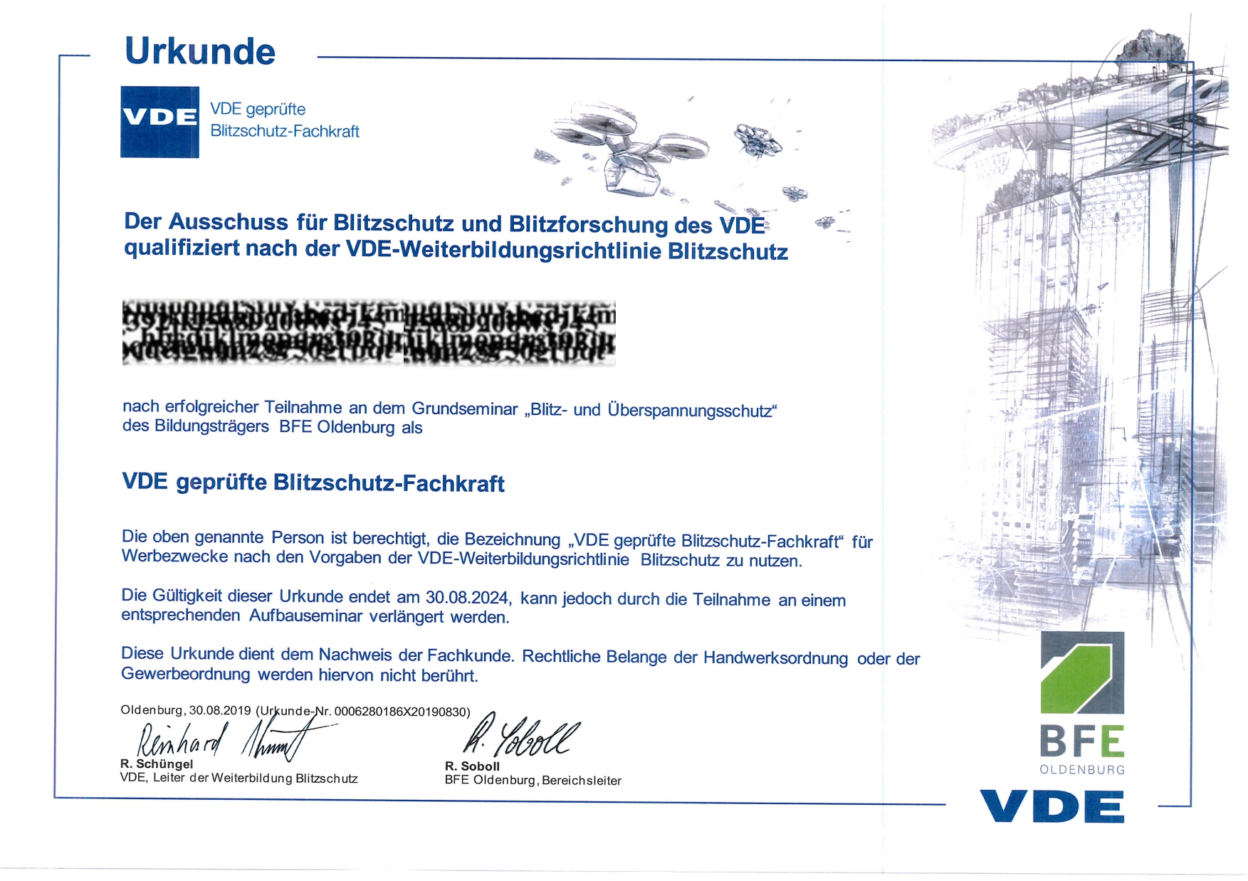 sineplan - Zertifikat BFE 2019 VDE gepruefte Blitzschutzfachkraft